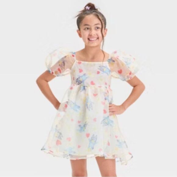 Bluey Theme Heart Accent Fancy Party Dress Sz S (6-7) - Picture 1 of 5